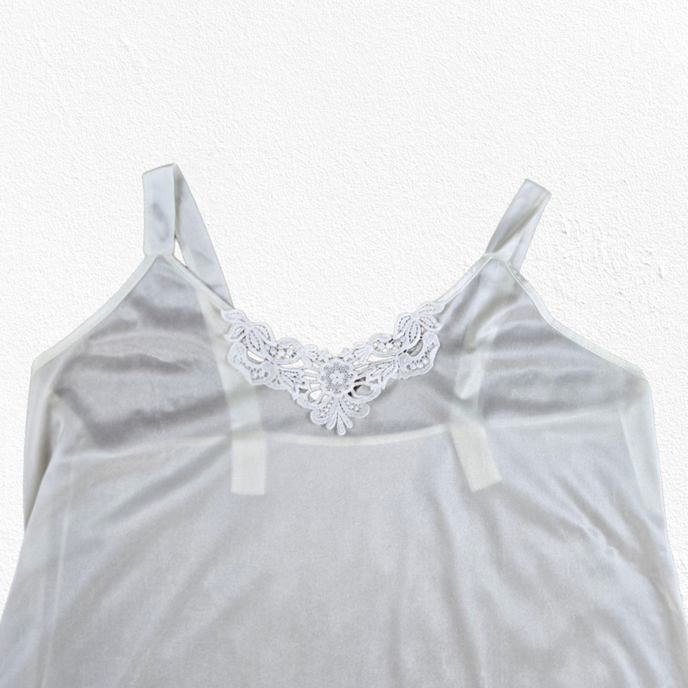 Vintage White Lace Trim Nylon Slip Dress Size Large 1970s 1980s Lingerie - Picture 3 of 8